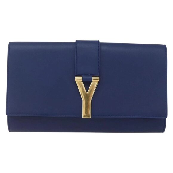 Authentic SAINT LAURENT Y Line Leather Blue Gold Clutch Bag bst576-121825 - Picture 1 of 16